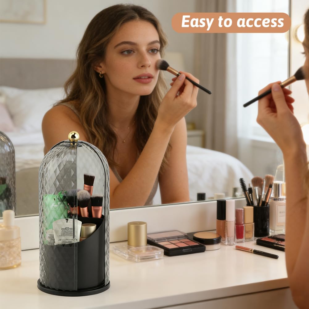 Makeup Brush Holder with Lid, 360 Rotating Dustproof Waterproof Sliding Opening Storage Box, Multifunctional Toothbrush Holder with 3 Compartments for Organized Storage