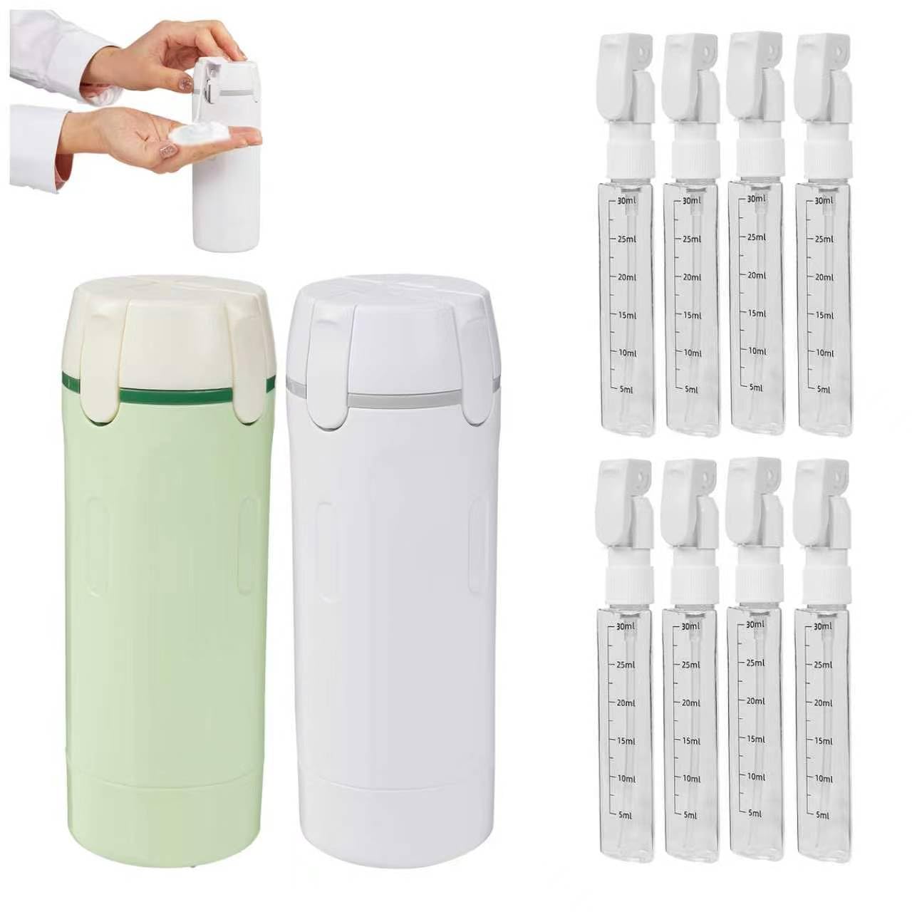 4 in 1 Travel Dispenser Bottle - Refillable Leak Proof and Portable for Shampoo, Conditioner, Shower Gel & Toiletries - Perfect for Vacation, Camping & Gym. (White+Green)