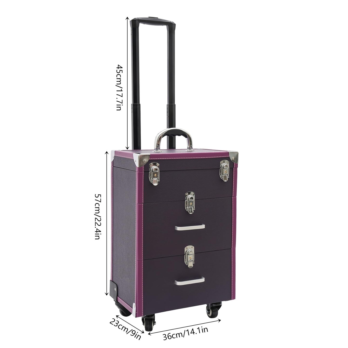 FLYHERO Professional Makeup Trolley Case, Rolling Makeup Nail Case Makeup Train Case with 4 Wheels Jewelry Travel Cosmetic Organizer Makeups Train Suitcase for Outdoor, Travel (Silver+Purple)