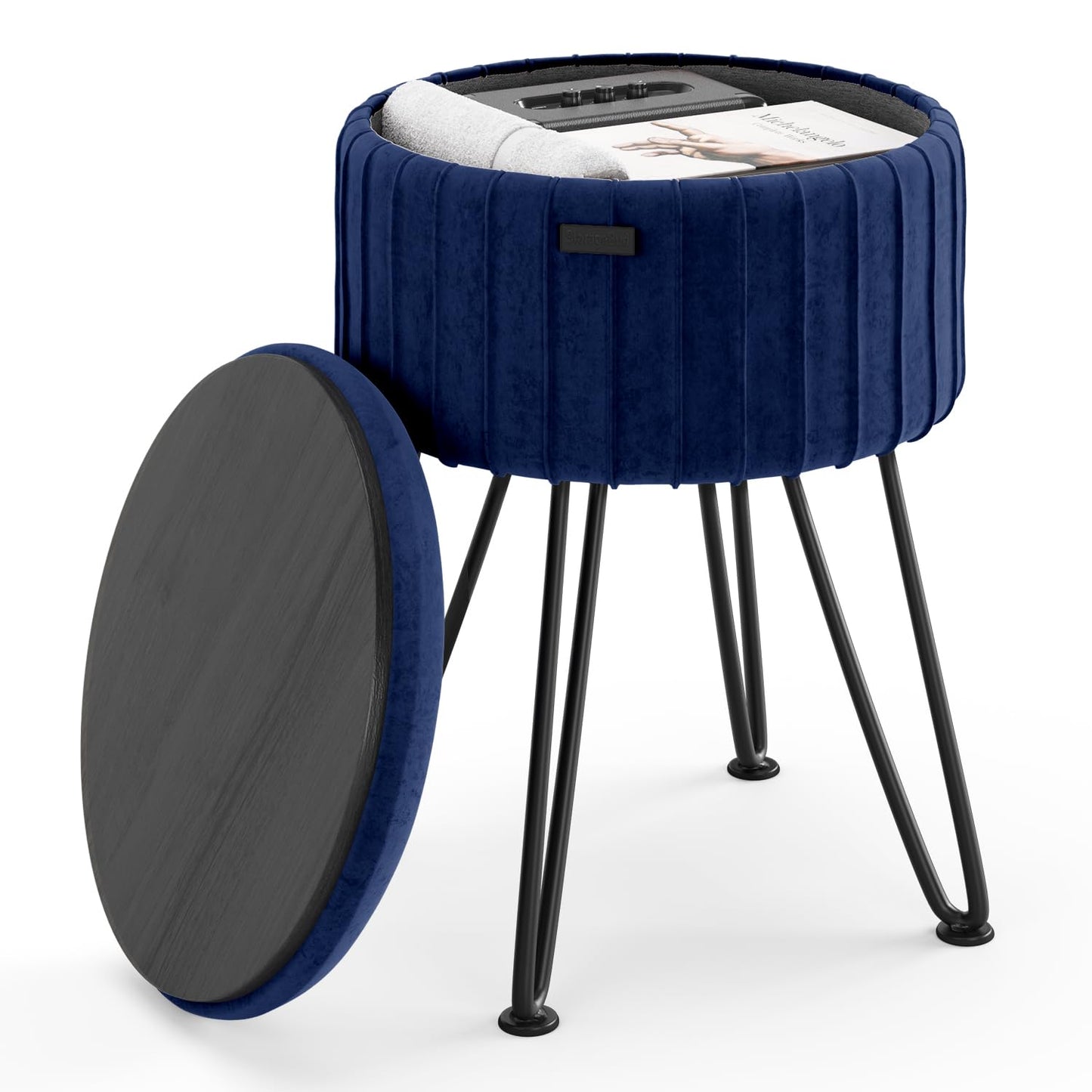 STORAGEBUD Round Ottoman with Storage, Pleated Velvet Storage Ottoman, Foot Stool Ottomans, Makeup Vanity Stool, Small Ottomans Foot Rest, Modern Vanity Stools for Living Room and Bedroom, Blue