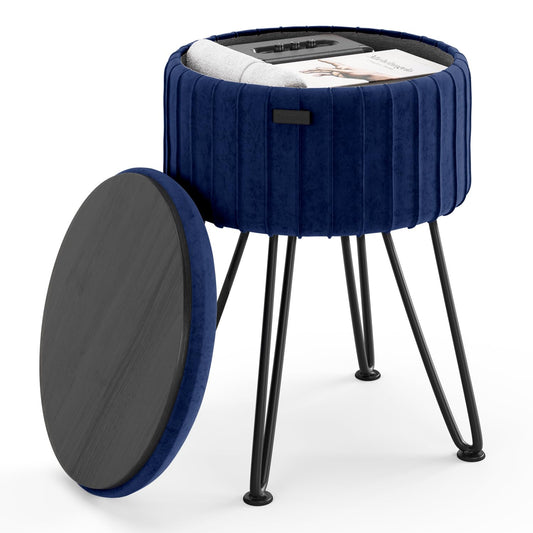 STORAGEBUD Round Ottoman with Storage, Pleated Velvet Storage Ottoman, Foot Stool Ottomans, Makeup Vanity Stool, Small Ottomans Foot Rest, Modern Vanity Stools for Living Room and Bedroom, Blue