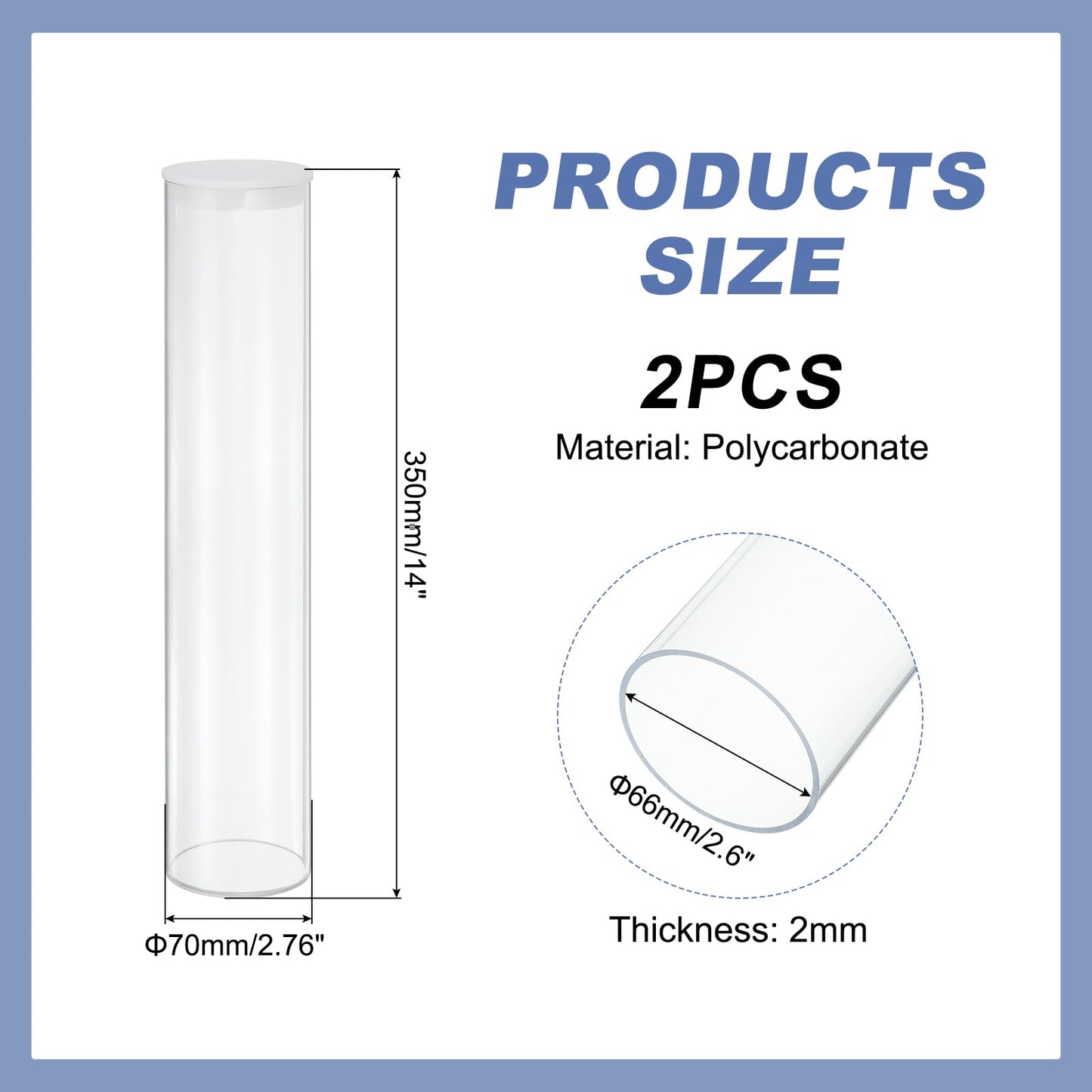 MECCANIXITY Transparent Plastic Storage Tubes, 2 3/4" x 14"(70x350mm) Polycarbonate Clear Rigid Round Storage Tubing with Black Lid, 2 Set