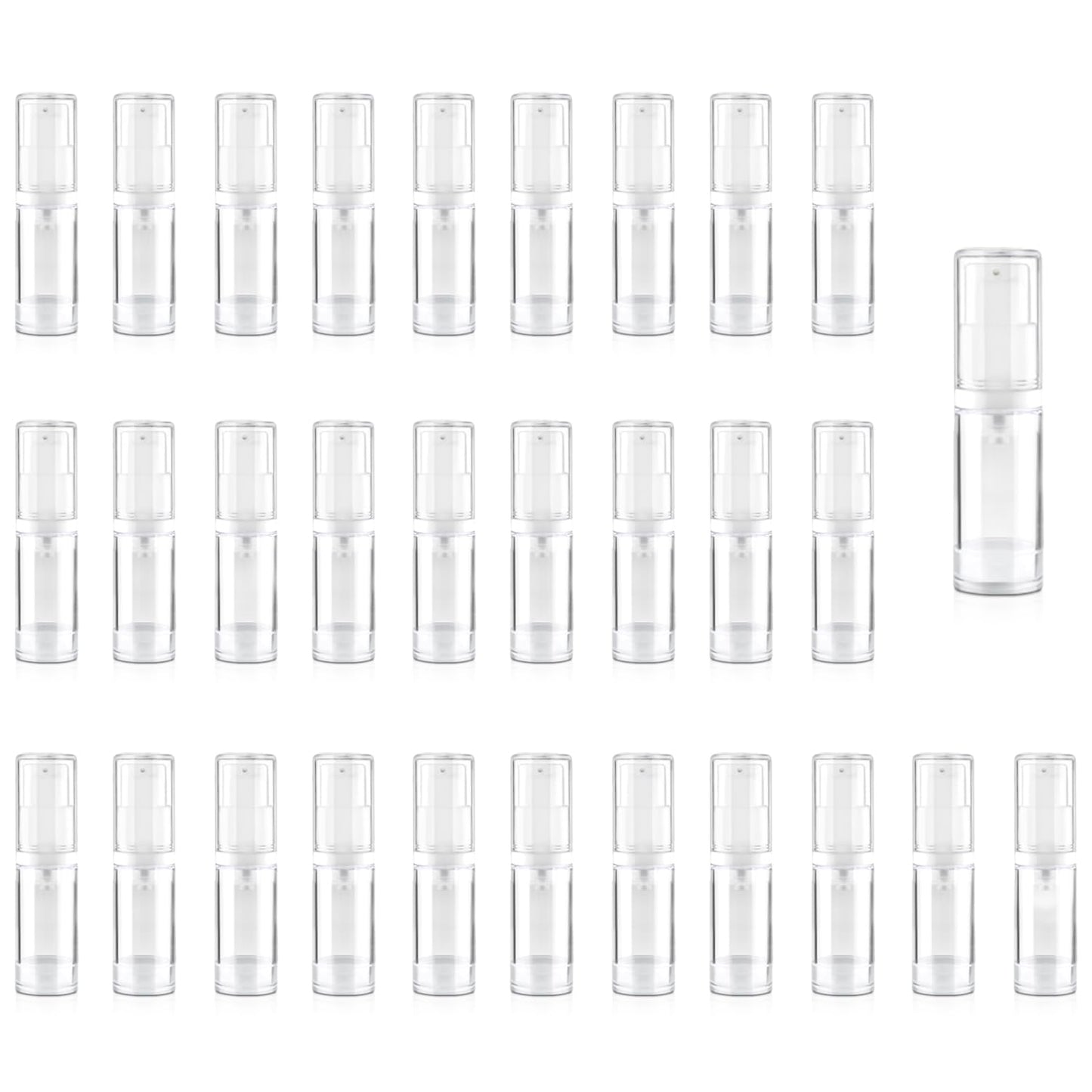 DynnnDy 30Pcs 5ml Clear Vacuum Lotion Pump Bottles without Straw Empty Refillable Airless Cream Jars Mini Cosmetic Containers for Essense Foundation Gel Moisturiser,2 Pipettes,1 Funnel