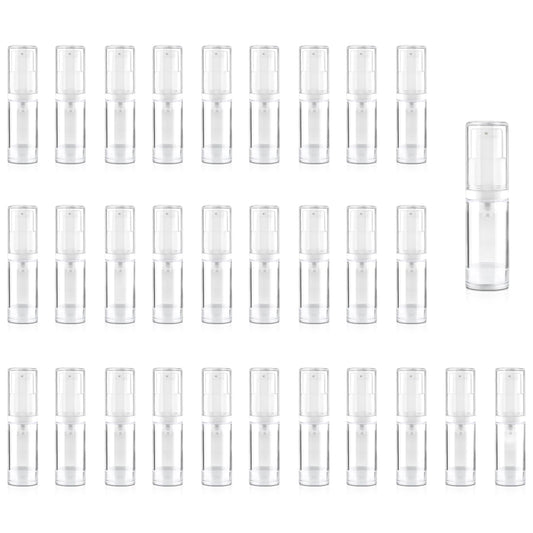 DynnnDy 30Pcs 5ml Clear Vacuum Lotion Pump Bottles without Straw Empty Refillable Airless Cream Jars Mini Cosmetic Containers for Essense Foundation Gel Moisturiser,2 Pipettes,1 Funnel