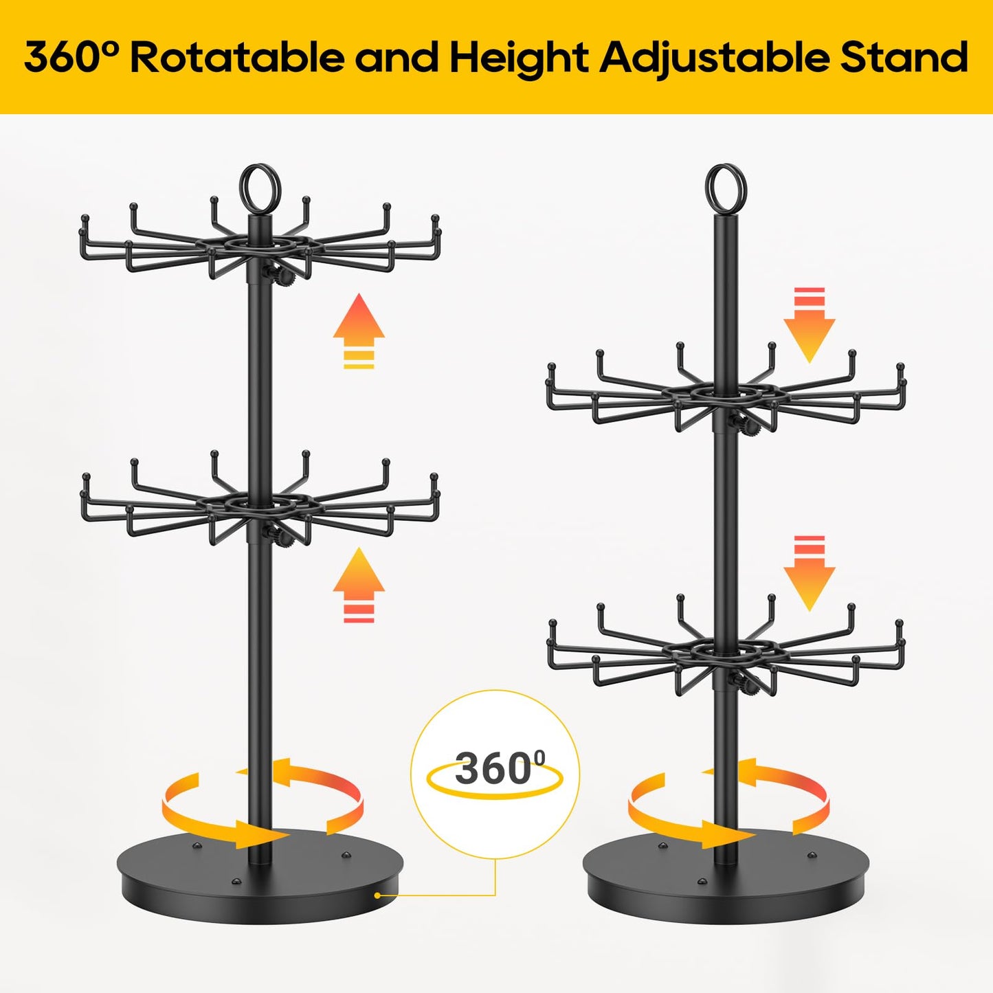ORLESS 2 Tier Rotating Jewelry Display Stand, Keychain Display Stand with 24 Hooks, Black Metal Retail Display Spinning Holder for Vendor, Spinning Display Rack for Necklace Bracelet Earring Organizer