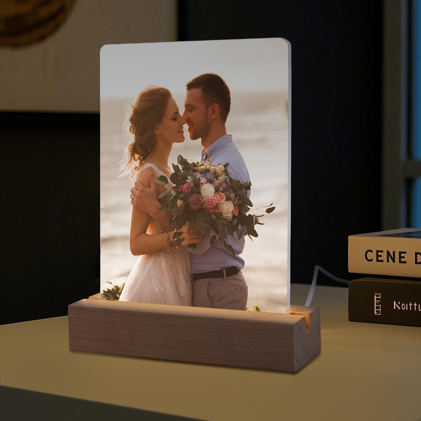 Ahniiqo 4 Pack 5" x 7" Sublimation led Acrylic Photo Frames Night Lights Blanks Heart Shape,with Warm Color Light with Wood Stand for Heat Press Machine Printing