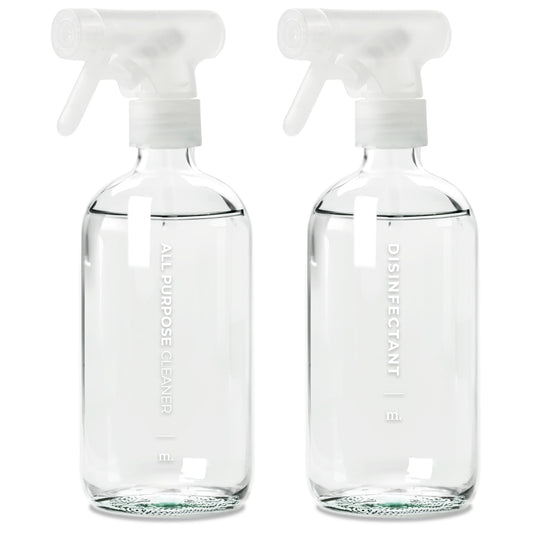 MaisoNovo Glass Spray Bottles 16 Oz Pack of 2 - Clear Spray Bottles for Cleaning Solutions with Fortified Glass & Fine Mist - Ideal for Cleaning, Disinfecting, Home, Office & Commercial Use - 16 Label