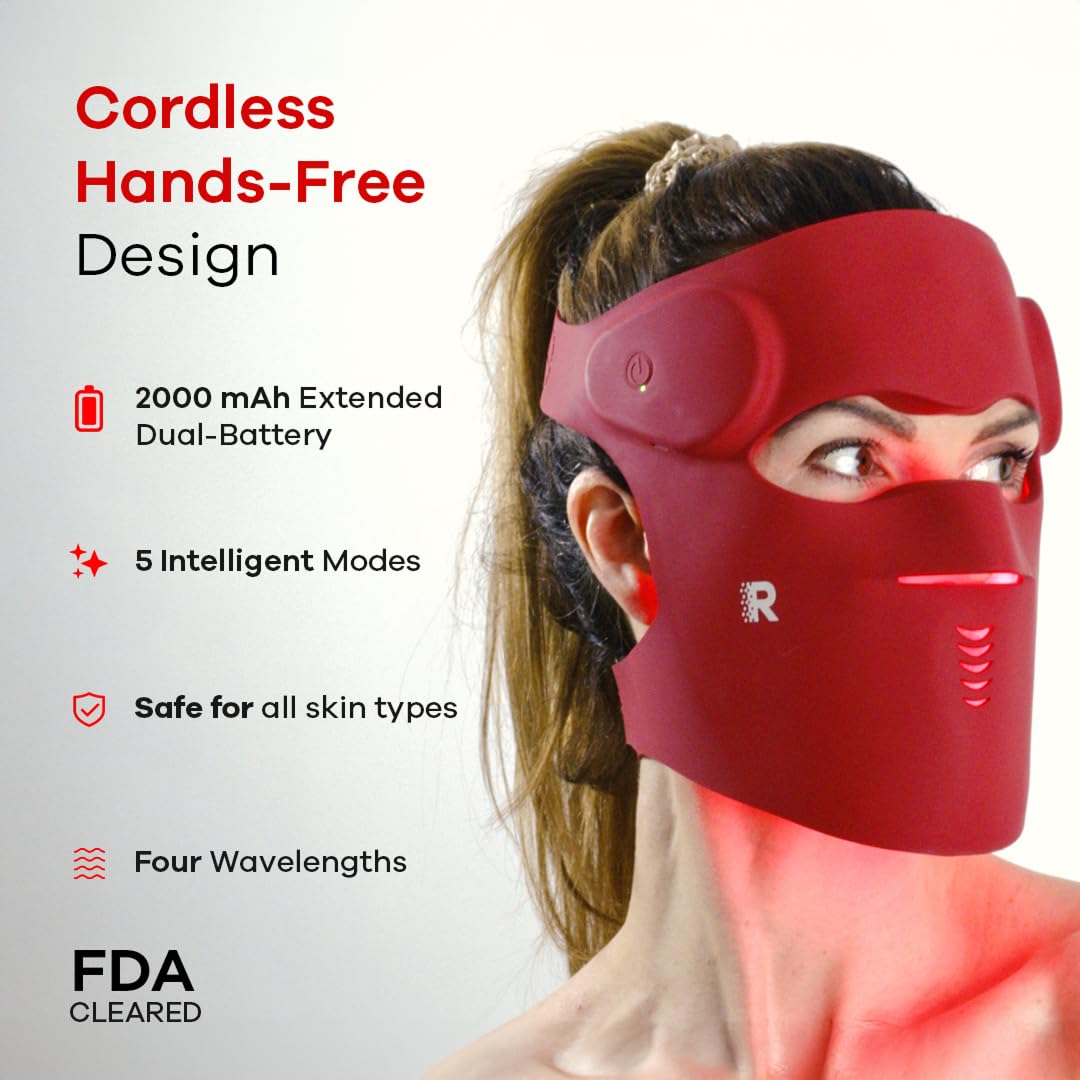 LED Red Light Therapy Face Mask 4 Wavelengths, 280 LEDs,5 Modes,Wireless