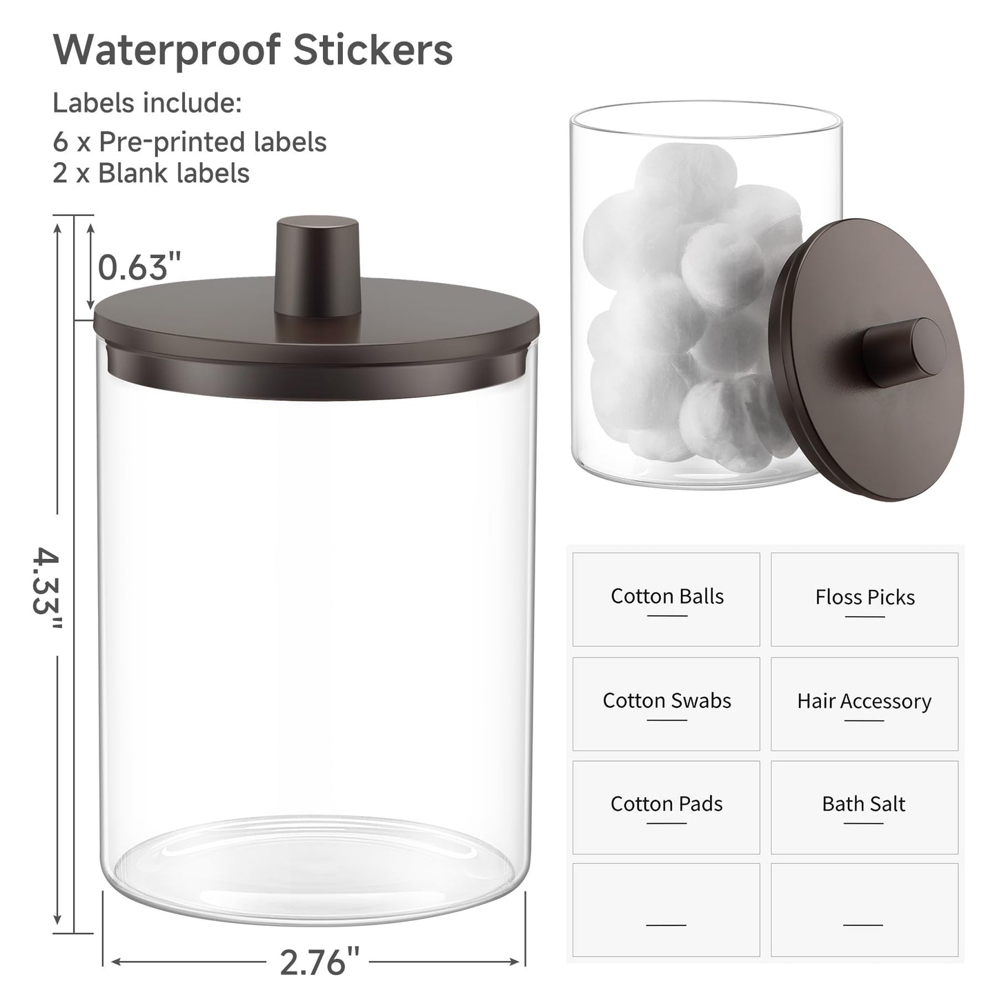 3 Pack Glass Qtip Holder Dispenser- 10 oz Clear Canister Apothecary Jar, Bathroom Vanity Storage Organizer Set for Cotton Swabs, Pads, Floss Picks, Small Containers for Makeup Storage (Brown)