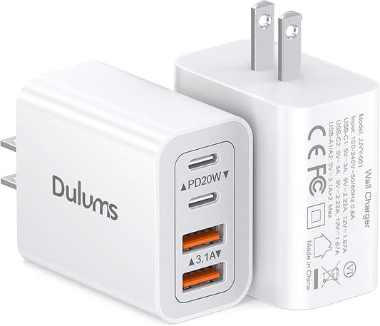 40W USB C Charger Cube, 2-Pack Wall Plug Fast Charging Block, 4-Port PD+QC Power Adapter Multiport Brick Type C Box for iPhone 17/16/15/14/13/12/11/Pro Max/XS/XR/8/7, Tablets, Cellphones