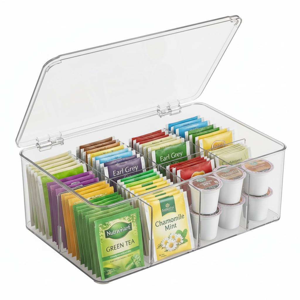 Tea Bag Organizer - Clear Acrylic Tea Storage Box with 8 Adjustable Compartments & Stackable Design for Pantry, Kitchen & Coffee Station - Versatile Tea Bag Holder with Lid