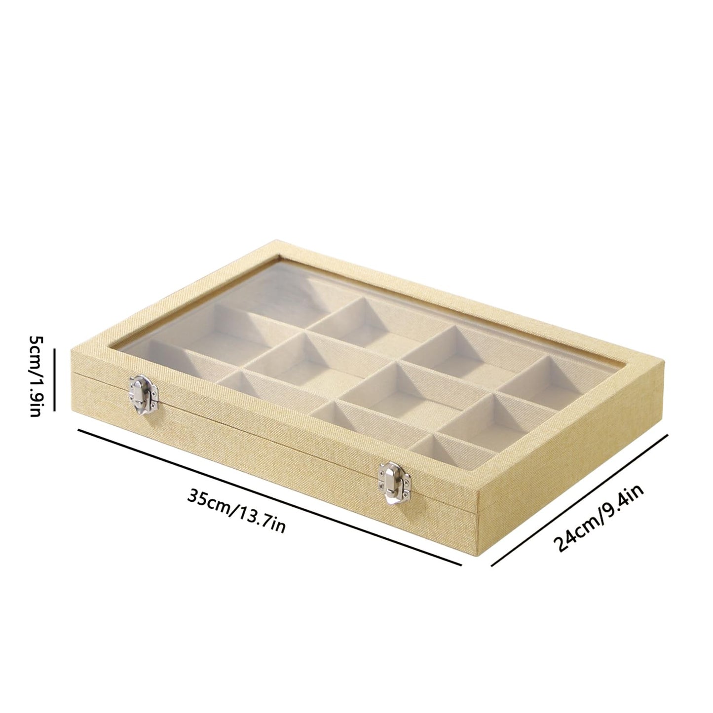 Coward Jewelry Organizer Box, Yellow Linen 12 Grids Bracelet Bangle Necklace Jewelry Display Tray Case with Transparent Glass Lid for Home Drawer Desk or Store Selling Show