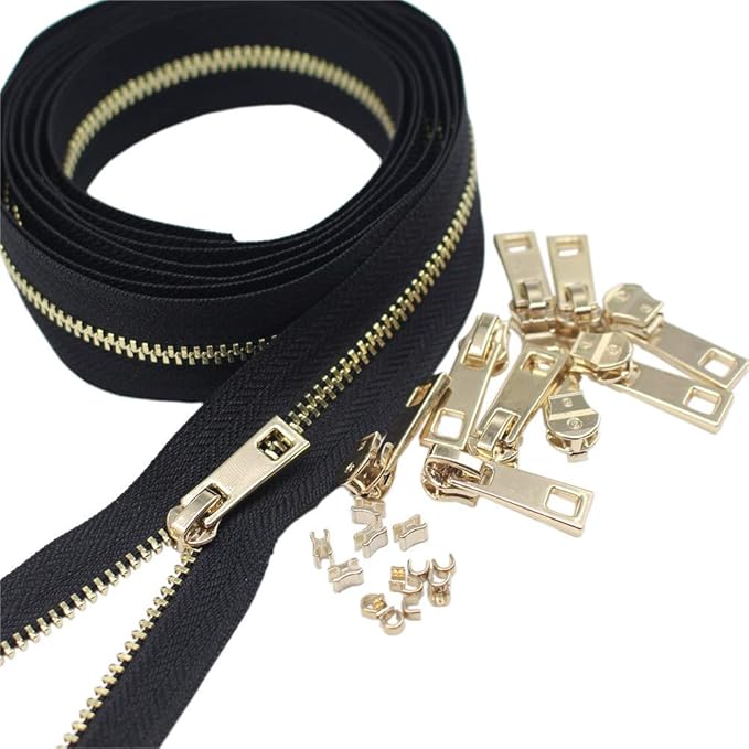 MebuZip #3 Upholstery Zipper by The Yard Black Long Tape Metal Zippers 2 Yards with 10pcs Light Gold Zipper Pull for Sewing Tailor Crafts (Gold 2 Yards)