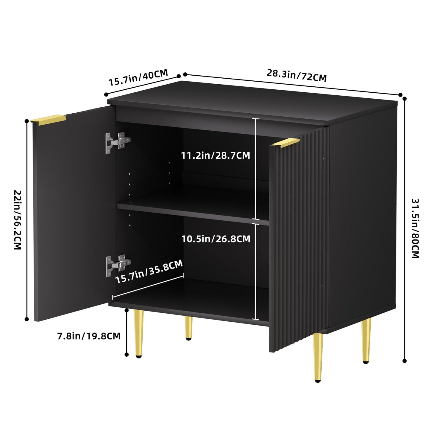 EOYUTLLY Black Fluted Storage Cabinet,Wood Sideboard Buffet Cabinet with Adjustable Shelf, Fluted Accent Cabinet with Gold Metal Legs, Console Table for Living Room,Dining Room,Kitchen