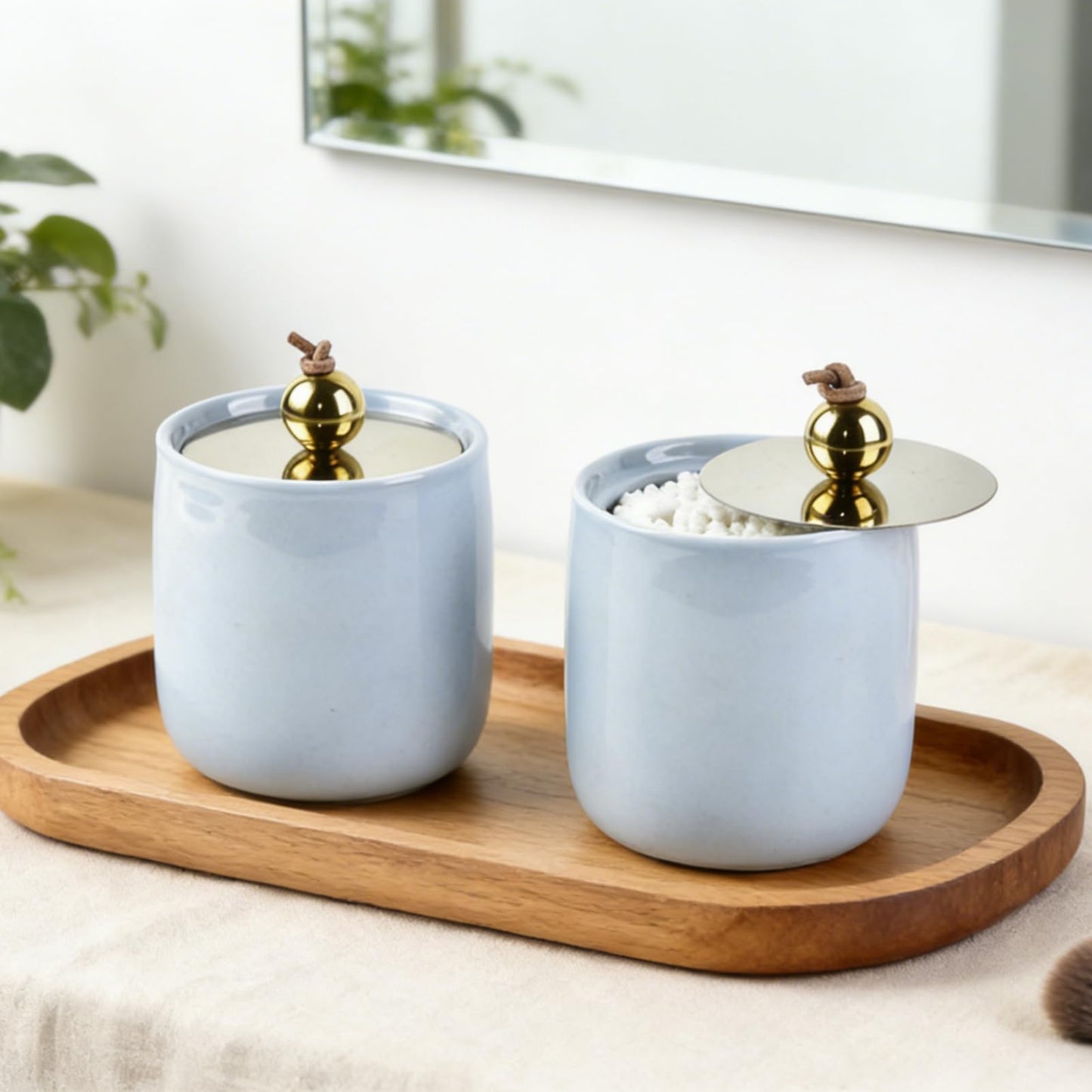 2 Pack Ceramic Qtip Holder Dispenser with Gold Lids, Blue Apothecary Jars Bathroom Vanity Organizer for Home Decor Bathroom Canister for Cotton Swabs, Rounds, Balls, Makeup Sponges, Bath Salts