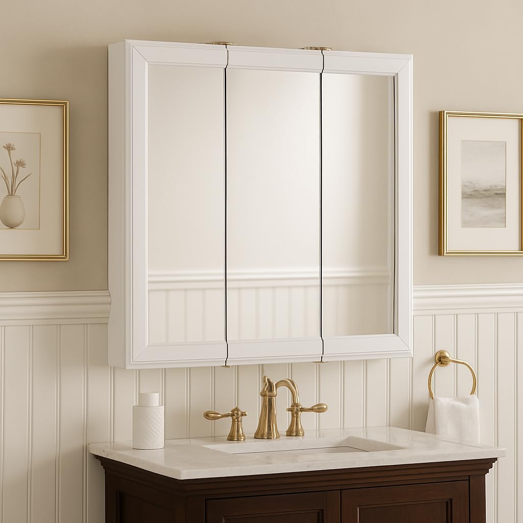 Design House Wyndham Bathroom Medicine Cabinet with Mirror, 30 Inch Wall Mount Medicine Cabinet, 3 Mirrored Doors, Bathroom Wall Cabinet with Storage, White, 30" W x 4.5" D x 24" H, 535864-WHT