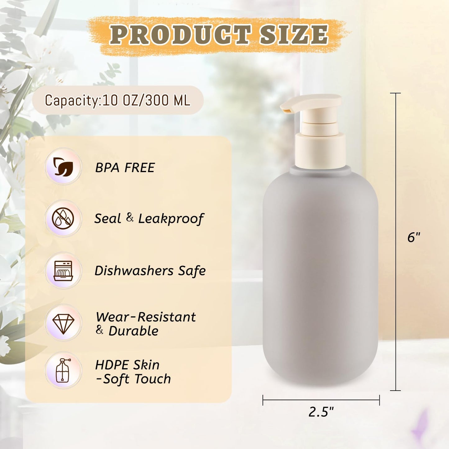 DMuuuDM 6 Pcs 10 oz Soft Plastic Bottles with Press Pump,Empty Refillable Travel Shampoo Dispenser Container for Hand Soap,Shampoo,Lotion,Body Wash,Conditioner,Silicone Funnel Included (Grey)