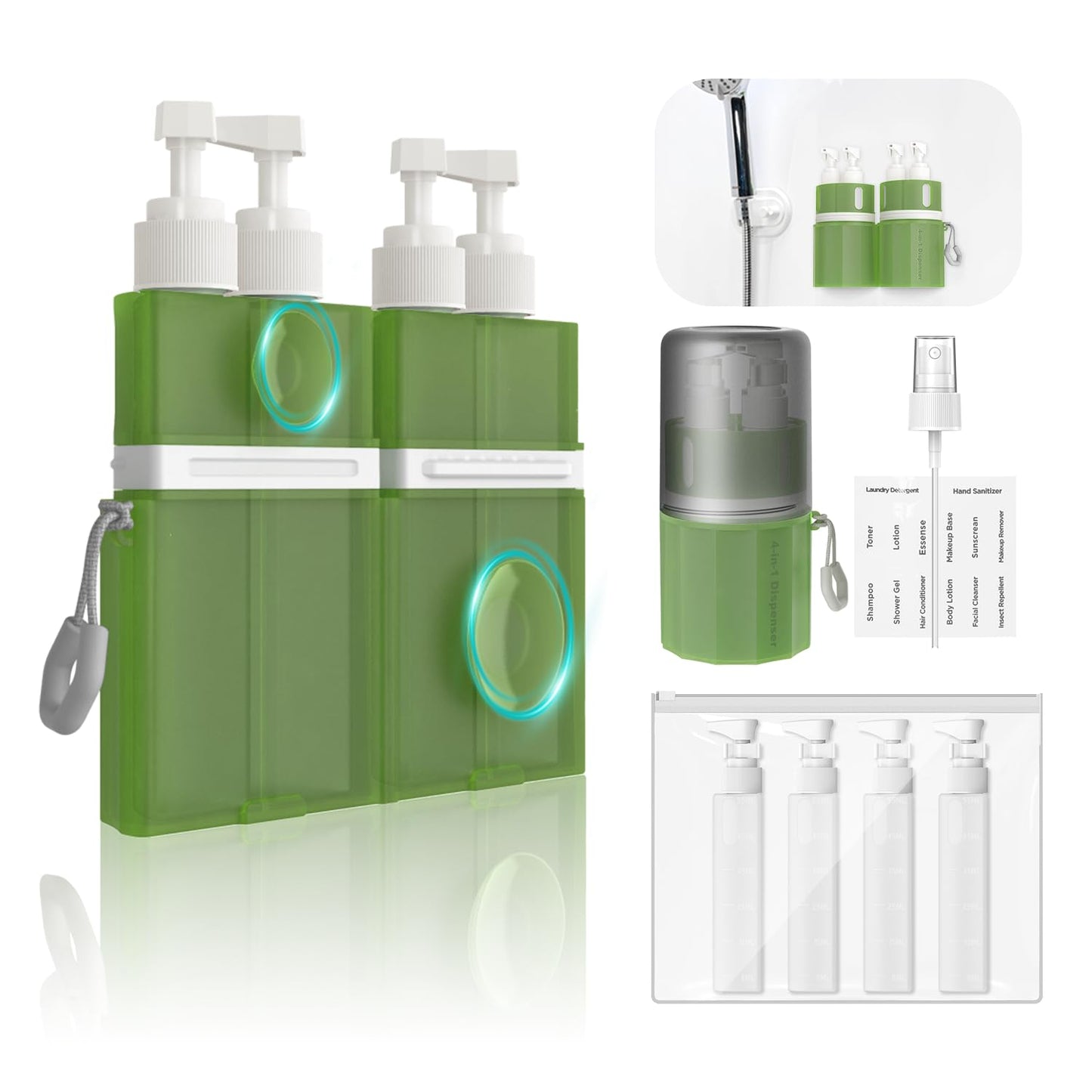 YOTIME 4 in 1 Travel Dispenser Bottle, Vacuum Silicone Suction Cup for Smooth Walls, TSA Approved Leak Proof Travel Size Containers for Hotel, Swimming, Gym, Camping, Green