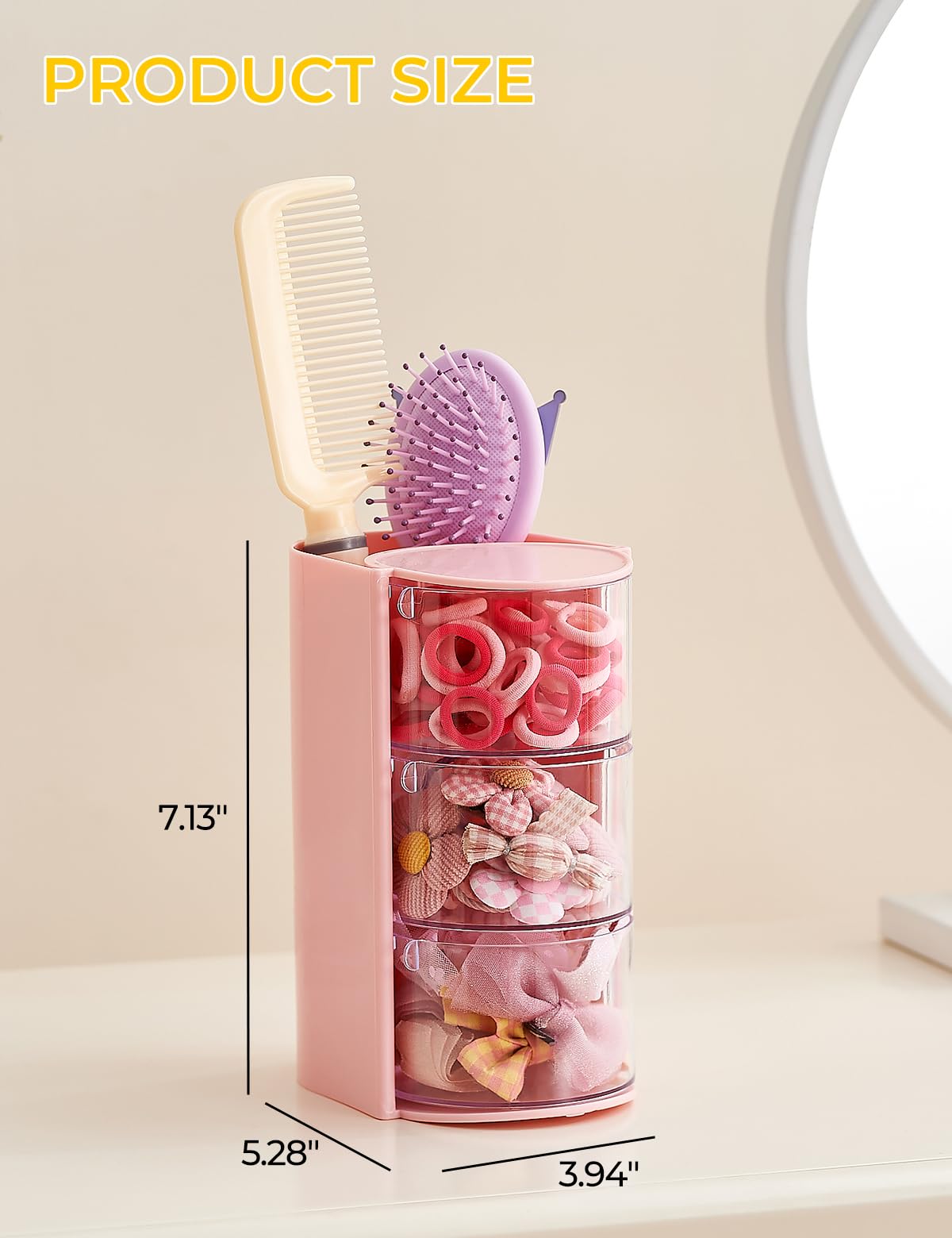 UFORU Hair Accessories Organizer with Hair Brush Holder, 3 Drawer Rotatable Hair Tie Organizer for Makeup Brushes, Hair Clips, Earrings, Necklaces, Bracelets and Hair Accessories, Pink, 3-Layer