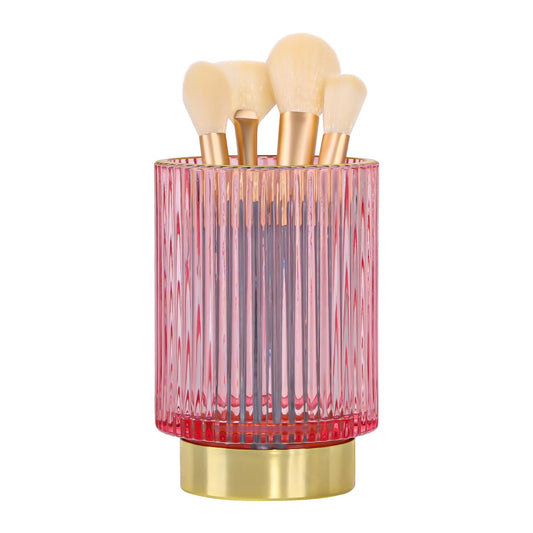 Fvstar Vintage Makeup Brush Holder Organizer,Dresser Glass Brushes Holder,Vanity Cosmetic Brush Holder,Desktop Crystal Eyeliners Eyebrow Pencil Storage Cup Holder for Countertop (Large Pink)