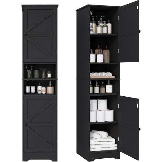 Viaozutis Tall Bathroom Storage Cabinet, Slim Freestanding Cabinet with Adjustable Shelves, Vertical Storage Organizer for Small Bathrooms, Toilet Paper & Daily Essentials Storage Black