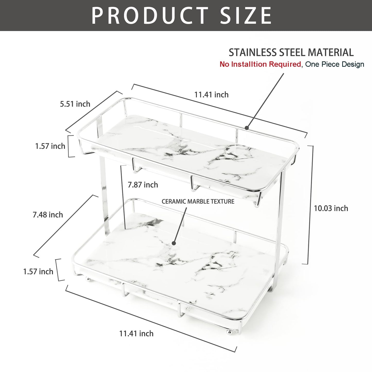 Bathroom Organizer Countertop Perfume Organizer Makeup Organizer Cosmetics Storage Display Rack Vanity Tray Dresser Stainless Steel Gold Shelf White Marble Ceramic Tray (2 Tier L-Sliver)