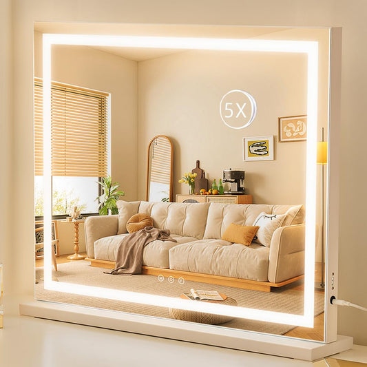 HIEEY Lighted Makeup Mirror, 18.1" x 22.8" Hollywood Vanity Mirror with Lights, Three Color Lighting Modes, with 5X Magnification Mirror, Smart Touch Control, 360°Rotation (White)