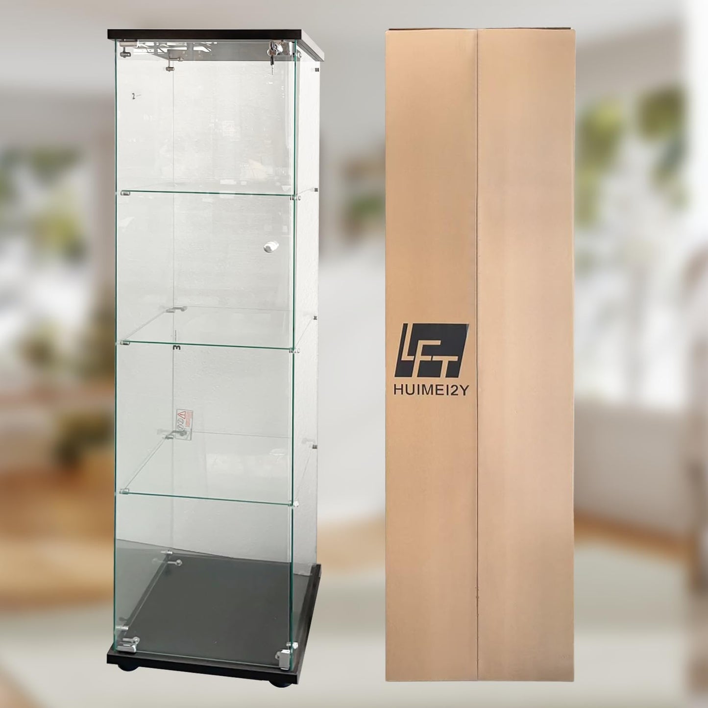 LFT HUIMEI2Y Glass Display Cabinet with Door & Lock, 4-Tier Curio Cabinet for Collectibles, Figures, Wine, Tempered Glass Display Case for Living Room Bedroom Office, 65”x 17”x 14” Black