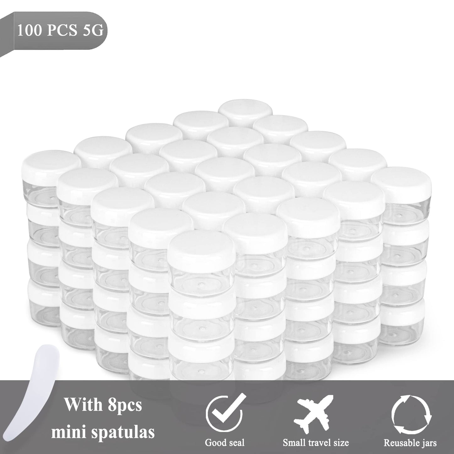100PCS 5 Gram Sample Containers, 5ml Empty Jars with Lids, Small Cosmetic Containers, Mini Sample Jars with 8PCS Mini Spatulas for Make Up, Oils, Lotion, Powder, Paint, Jewelry, Lip Balms(White Lid)