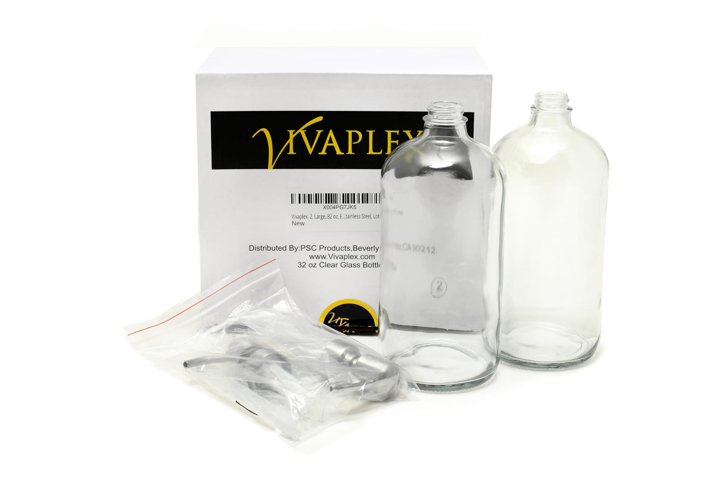 Vivaplex, 2, Large, 32 oz, Empty, Clear Glass Bottles with Stainless Steel, Lotion Pumps