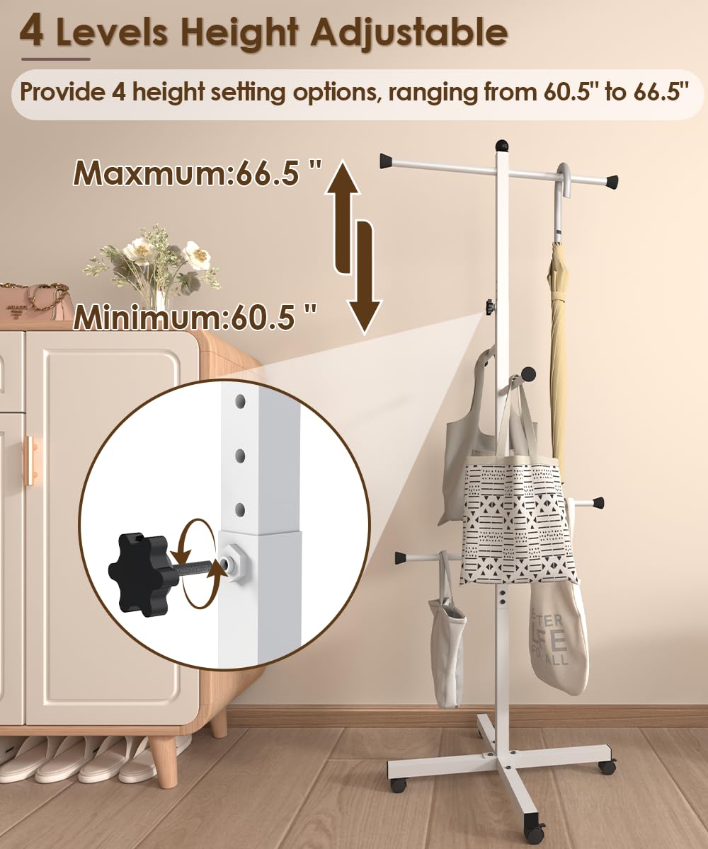 Ansionsol 60-66 Inch Adjustable Shopping Bag Rack with Wheel, Heavy Duty Metal T-shaped Grocery Bag Holder for Retail Stores, Large Bag Display Stand for Malls,Vendor,Boutique,Trade Show, 6 Arms,White