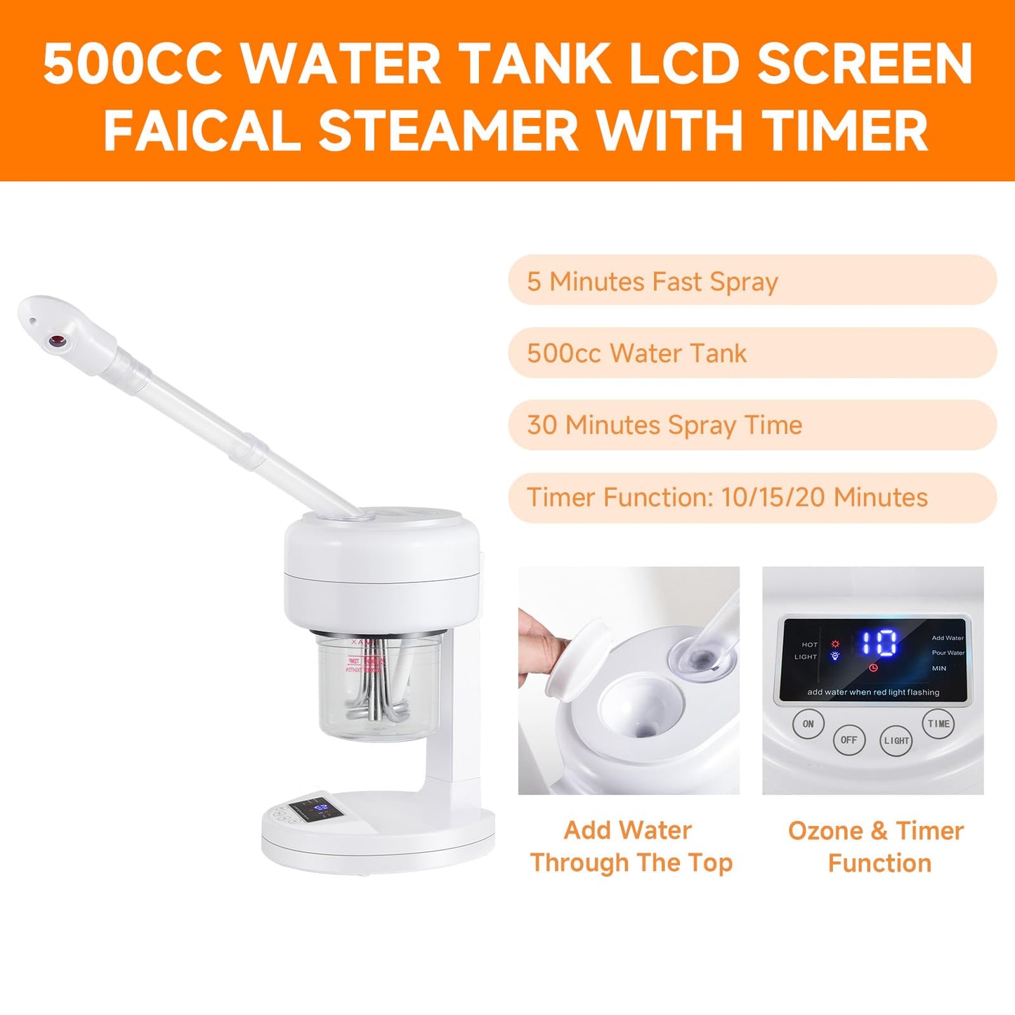 HeavenBird Ozone Facial Steamer, Portable Nano Ionic Face Steamer with LCD Screen, Extendable 360° Rotating Arm, Rotatable Nozzle, Hot Mist Function for Personal Care at Home or Salon