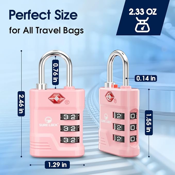 SURE LOCK TSA Locks for Luggage, TSA Approved Luggage Locks with Open Alert, 008 Key for High Security, Easy Read Dials, Zinc Alloy Body, Locker Lock for Suitcase, Gym, Travel.(Pink 2 pk)