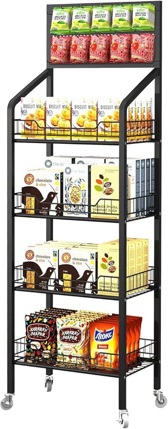 4-Tier Retail Snack Display Rack, Metal Snack & Candy Potato Chip Display Shelf Stand with Wheels & Hooks, Free-Standing Retail Display Shelves for Store, Supermarket, Convenience Store, Home Pantry & Kitchen Organizer, Black