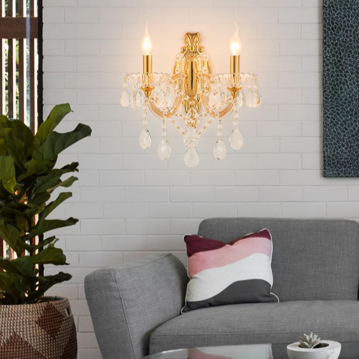 YLONG-ZS Gold Traditional Crystal Wall Sconce, 2-Light Candle Style Vanity Lamp, Ornate Metal Frame with Glass Trim Strips, Hardwired Vintage Fixture for Bathroom Bedroom, E12 Base