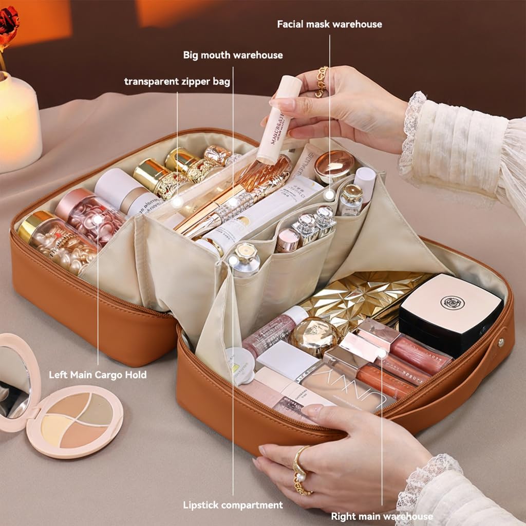 AUCCNT Travel Makeup Bag, Large Capacity Cosmetic Bags for Women, Waterproof Portable Pouch Open Flat Toiletry Bag Make up Bag (Brown)