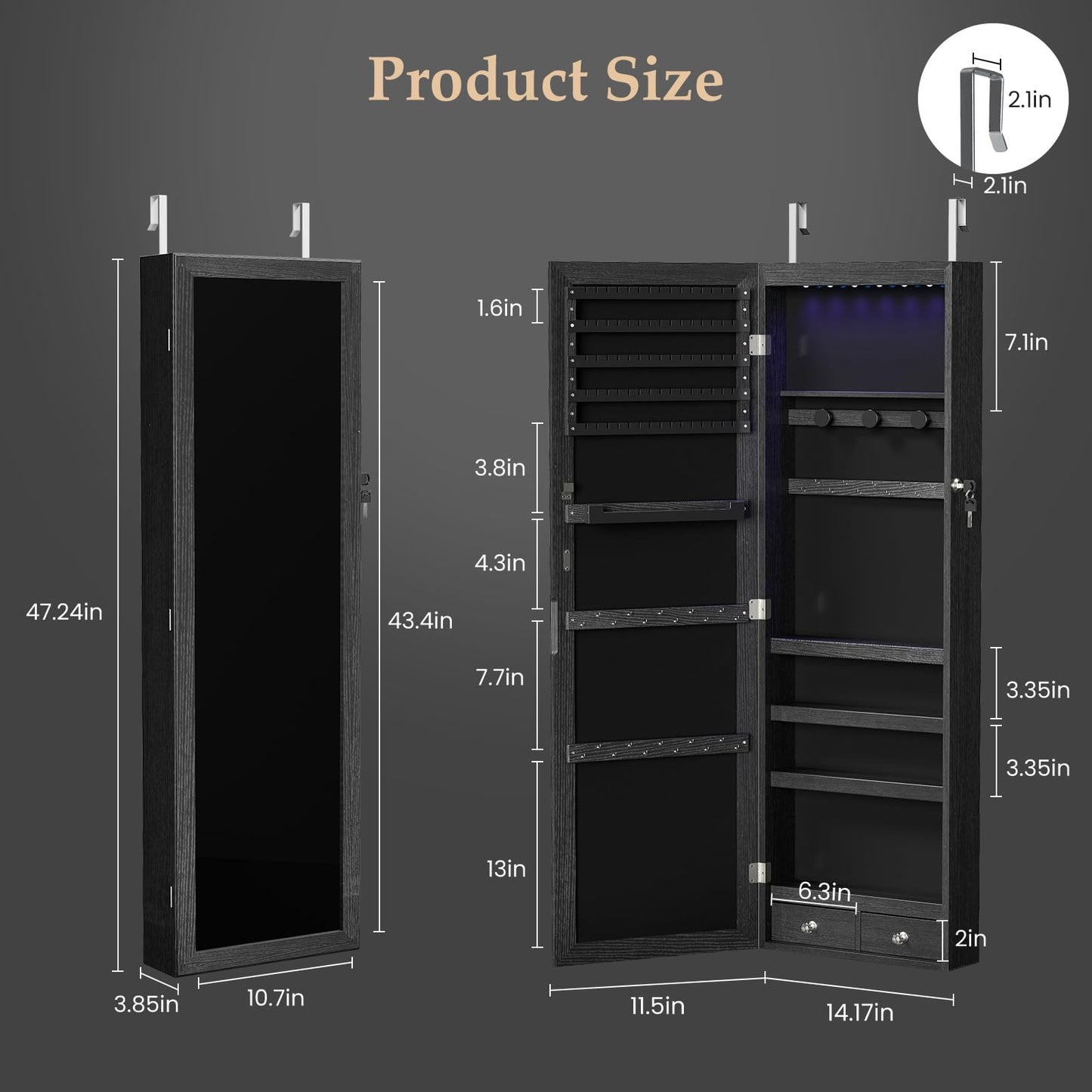 Sweetcrispy Jewelry Organizers and Storage, Wall/Door Mounted Jewelry Armoire with Mirror, 47.2" Tall Mirror with Storage, Automatic 6 LED Lights, Lockable, 2 Drawers, Black