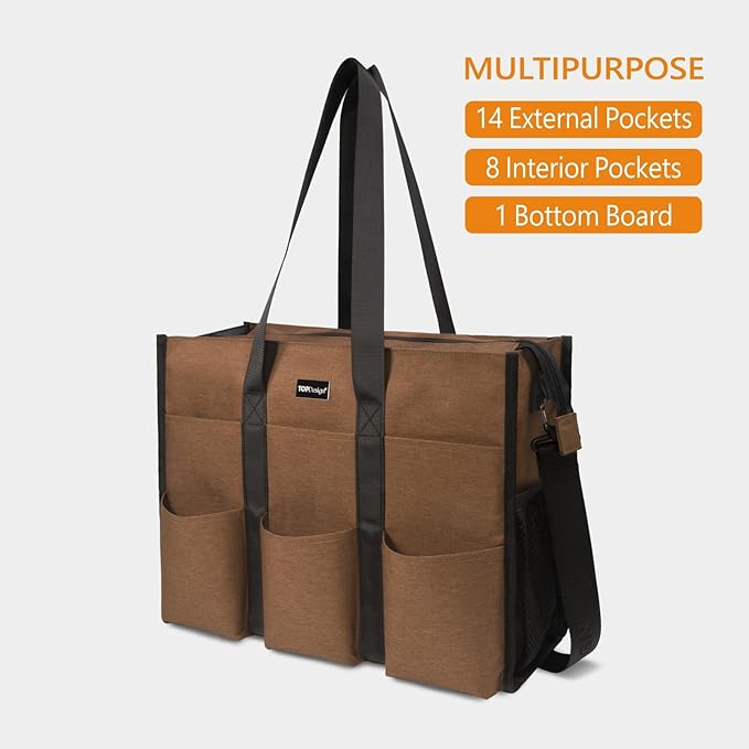 TOPDesign Utility Water Resistant Tote Bag with 22 Pockets, Top Zipper Closure & Thick Bottom Support, for Working Women