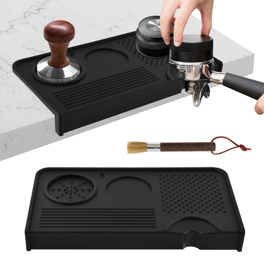 Espresso Tamping Mat and Coffee Brush Set, Non-Slip Silicone Coffee Tamper Mat Tamping Station for Home Kitchen Coffee' Bar, Barista Espresso Machine Acceessories(COLOR:Black)
