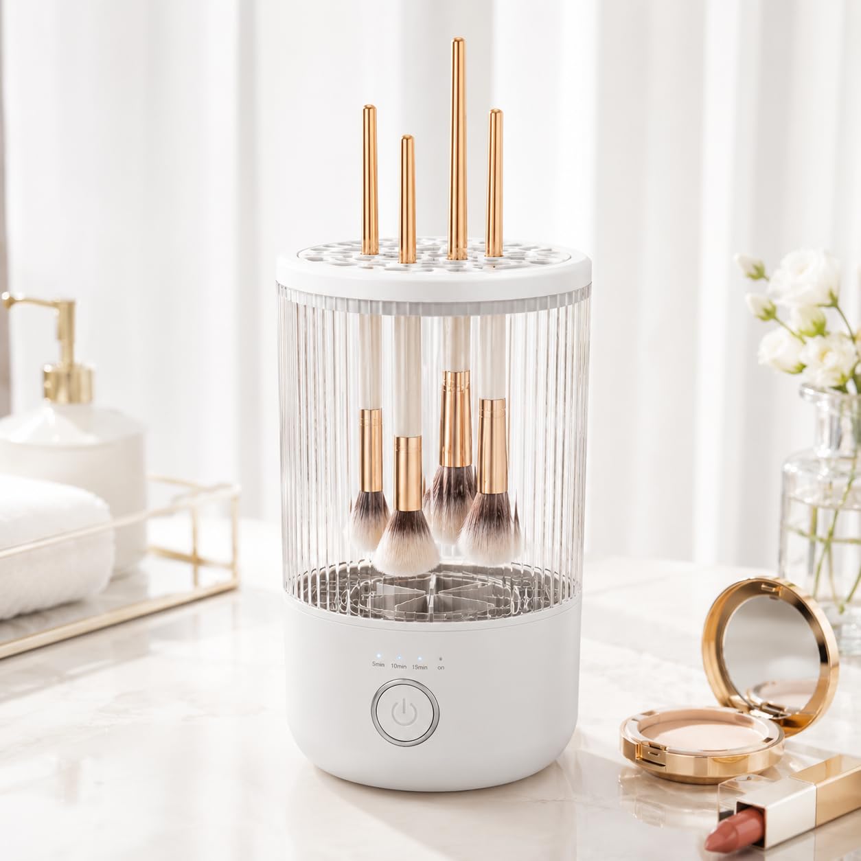 Mottinhill Makeup Brush Cleaner Machine, Automatic Electric Makeup Brush Cleaner with 4 Adjustable Speeds, Deep Cleaning Device, Portable USB Rechargeable (White)