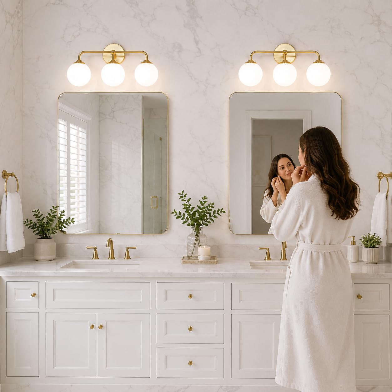 Modern Brushed Gold 3-Lights Vanity Light Fixtures with Milky White Glass Ball Shades, Mid Century Brass Wall Sconce Lighting Fixtures over Mirror, Wall Sconces for Bathroom Dressing Table Bedroom