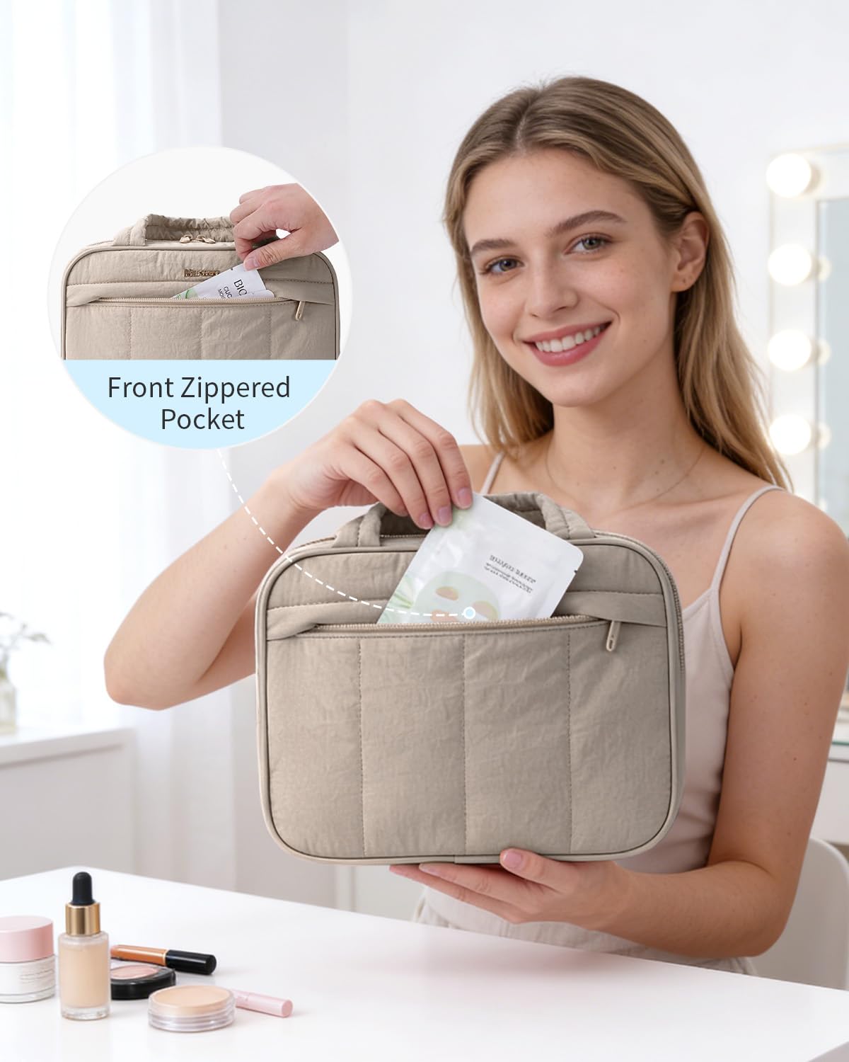 Narwey Hanging Travel Toiletry Bag for Women, Quilted Makeup Bag Organizer with Handle, Travel Bathroom Bag, Portable Toiletries Bag for Essentials, Accessories, Brushes, Cosmetics (Khaki)