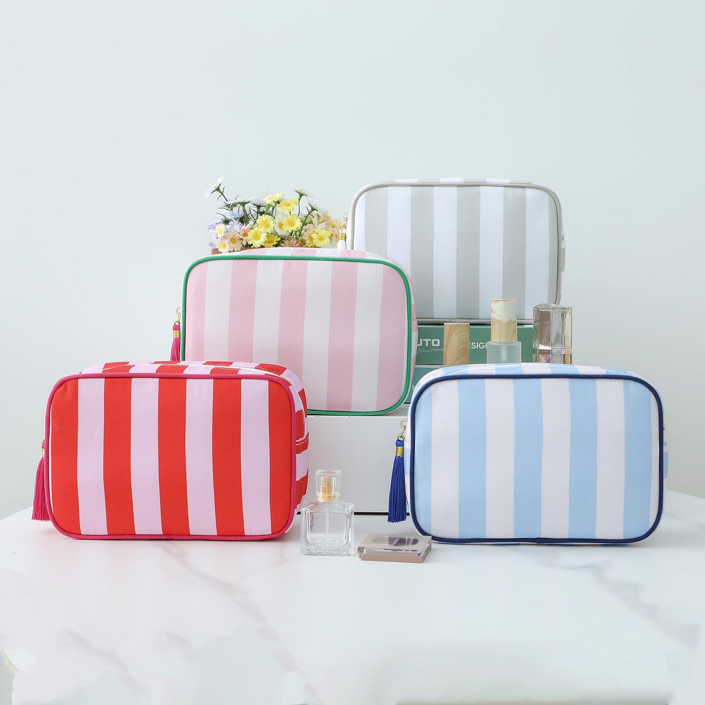 EMBRUNIOICE Stripe Makeup Bag Travel Cosmetic Bag Organizer Tassel Toiletry Bag Large Canvas Zipper Pouch and Mahjong Tile Bag (White with Pink)