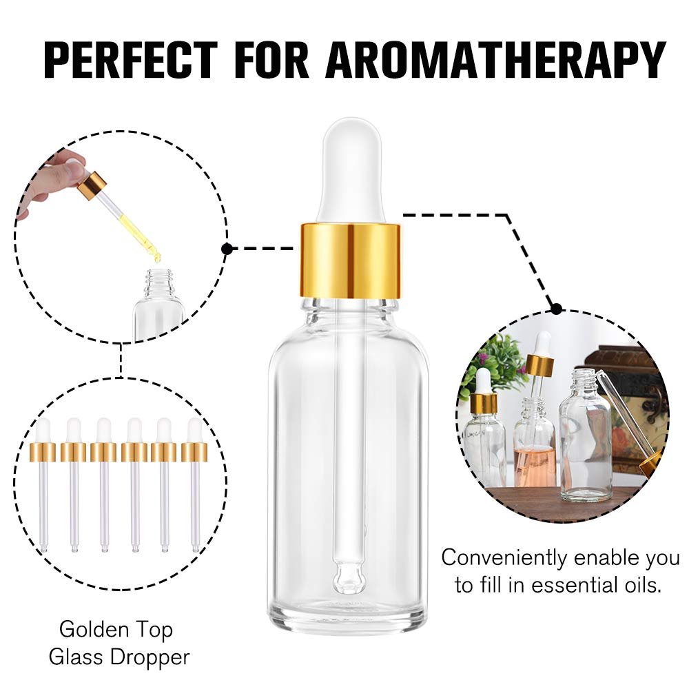 PrettyCare Glass Eye Dropper Bottles 24 Pack, 1oz (30ml) Clear Empty Thick Bottles Bulk with Leakproof Golden Caps - With Labels & Funnels for Storage, Travel, Essential Oils, Cuticle Oils, Tinctures