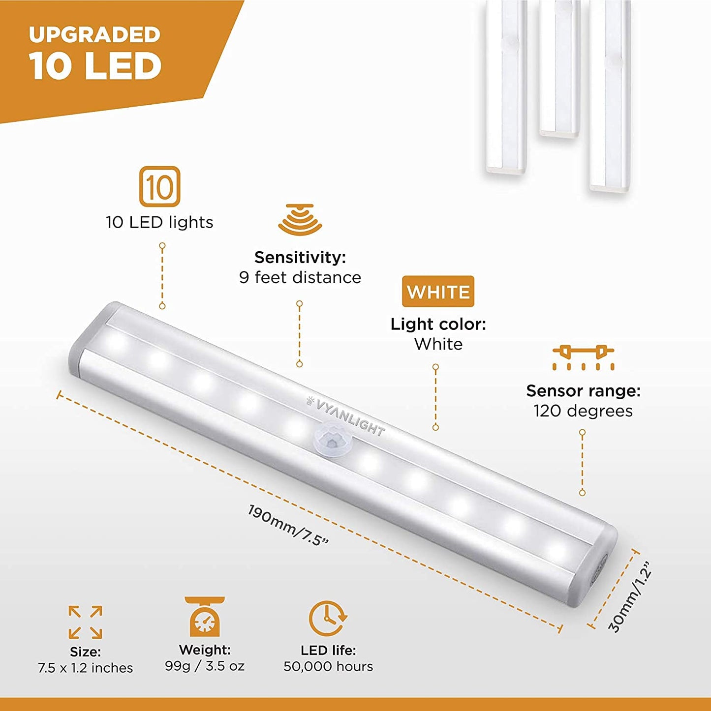 VYANLIGHT Under Cabinet Lighting – Motion Sensor Closet Lights, Battery Operated LED Strip Light Bar, Stick-On Wireless Indoor Lights for Kitchen, Pantry, Hallway, Stairs, 4 Pack