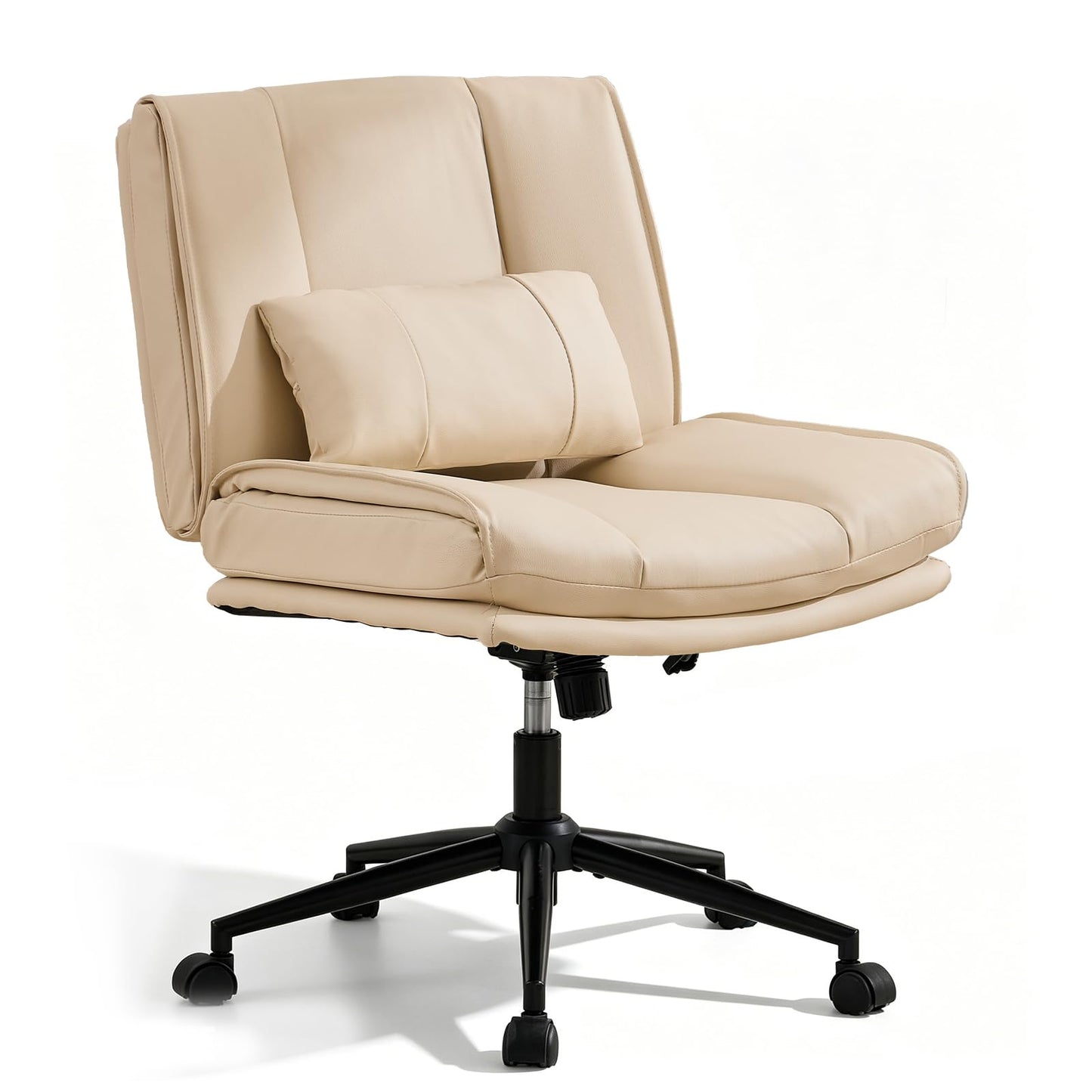 BIAOZHIKE Armless Criss Cross Office Chair with Wheels,PU Leather Beige