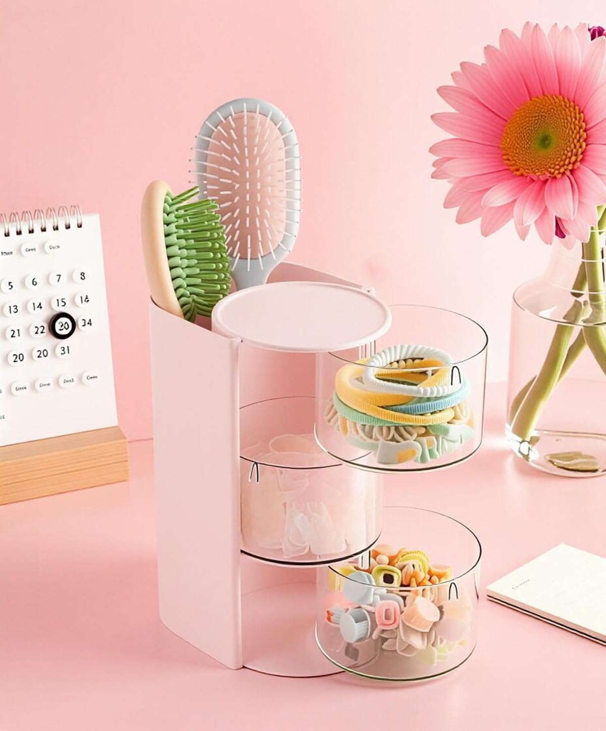 AISIBO 3-Tier Clear Hair Accessories Organizer with Hair Brush Holder, Rotatable Small Jewelry Storage Box for Necklaces, Earring, Ring, Bracelet, Makeup Sponge, Hair Bow Clip (Pink, 3-Layer)