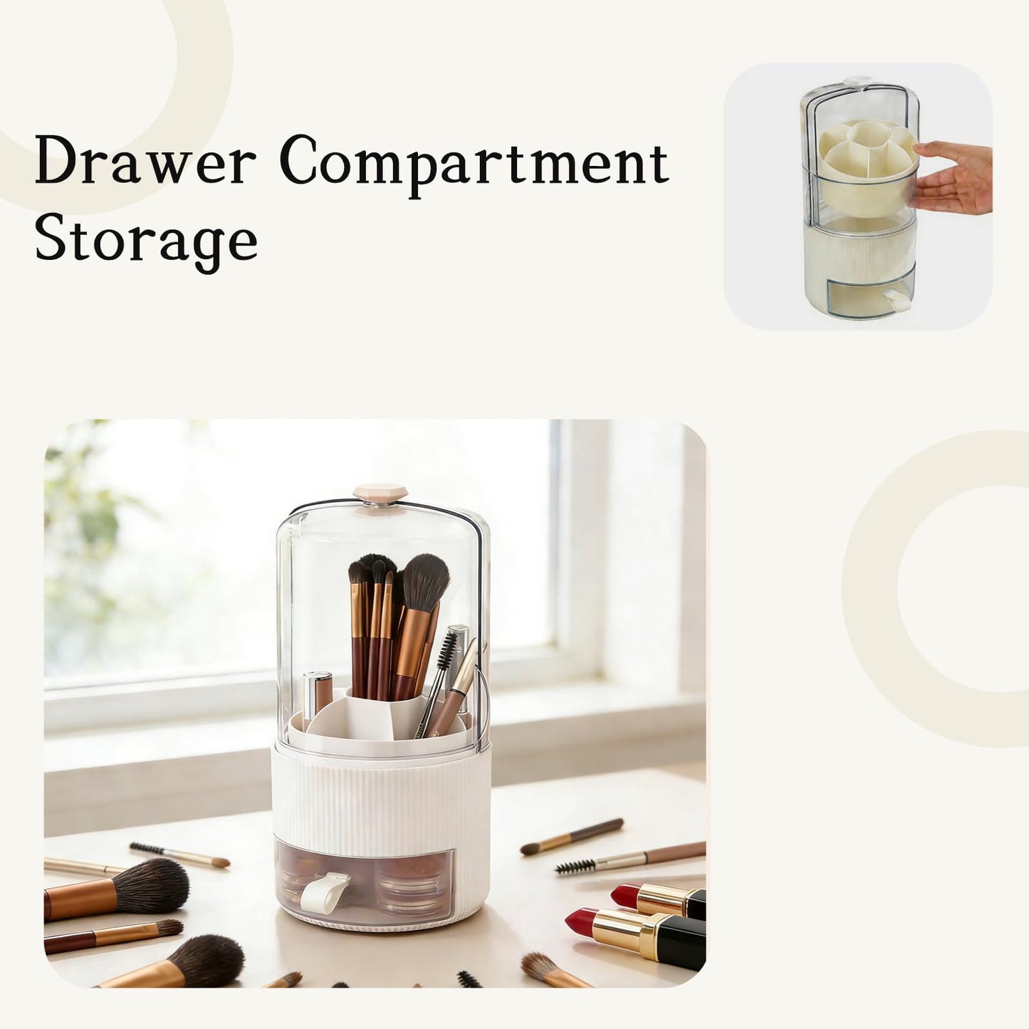 DHSUN Makeup Brush Holder With Lid, 360° Rotating Makeup Brush Organizer With Drawer, Toothbrush Holder With Cover & 7-Compartment (White)