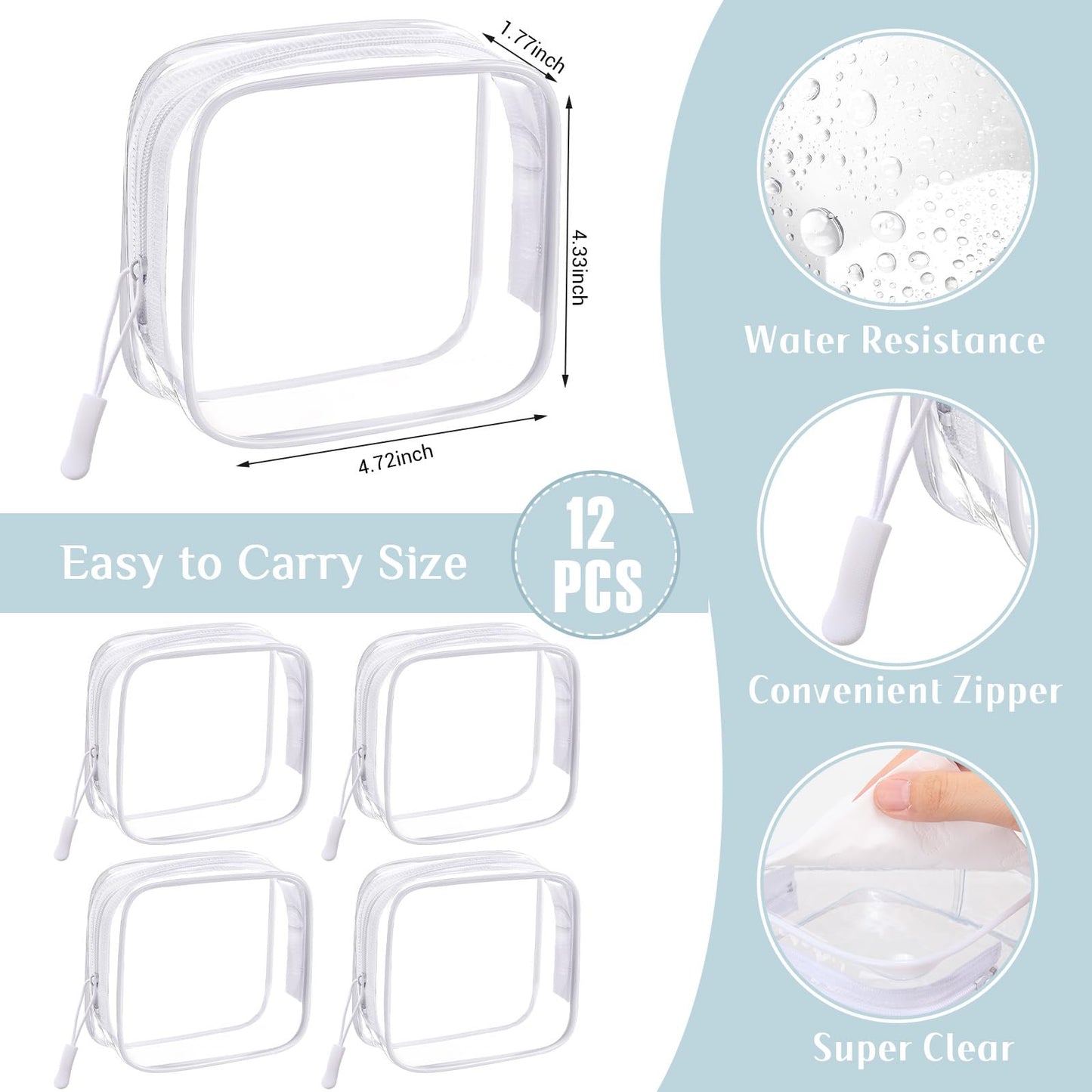 Sunnymove 12 Pcs White Clear Cosmetic Makeup Bags with Zipper Tsa Approved Pouches Bulk for Travel Transparent PVC Waterproof Carry Pouches Organizer Case for Men Women