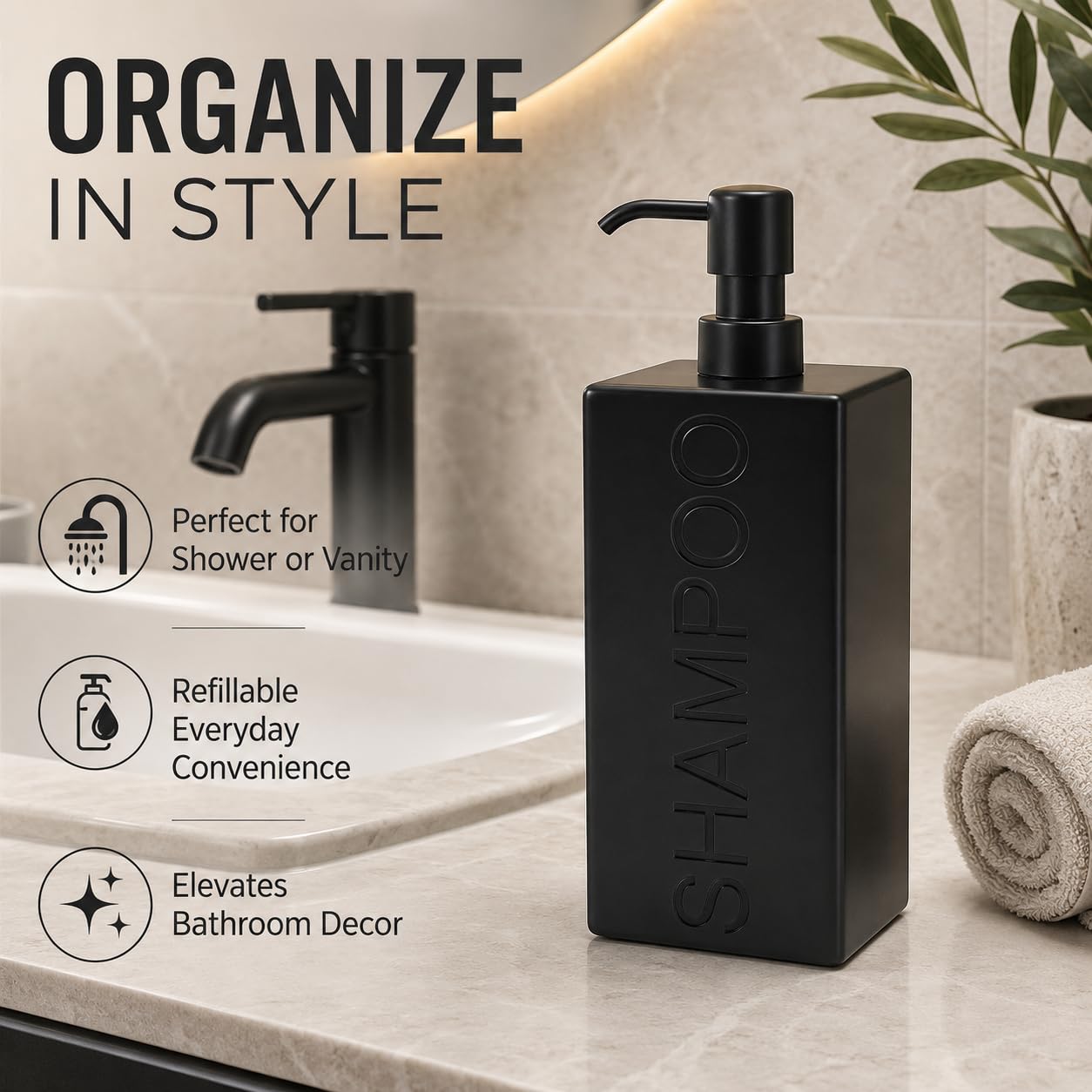 Indecor Home Rectangular Resin Dispenser Premium Bathroom Shampoo Conditioner Body Wash Bottle Modern Refillable Pump Design